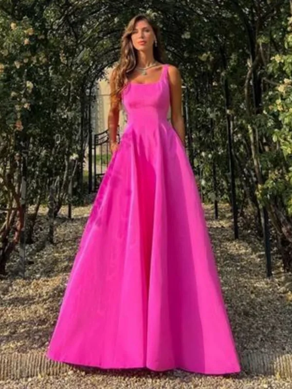 playful dressplayful dressA Line Hot Pink Satin Long Prom Dresses with Pocket, Long Hot Pink Formal Graduation Evening Dresses SP2897