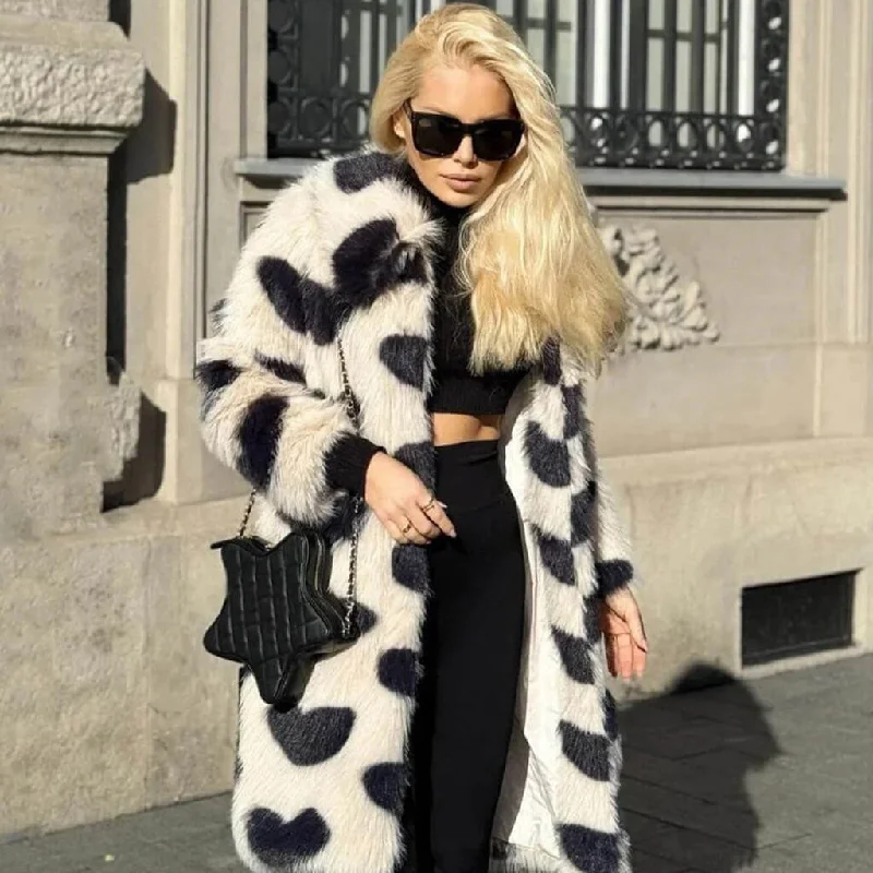 Act Now Vintage Collared Long Sleeve Contrast Heart Pattern Faux Fur Coat