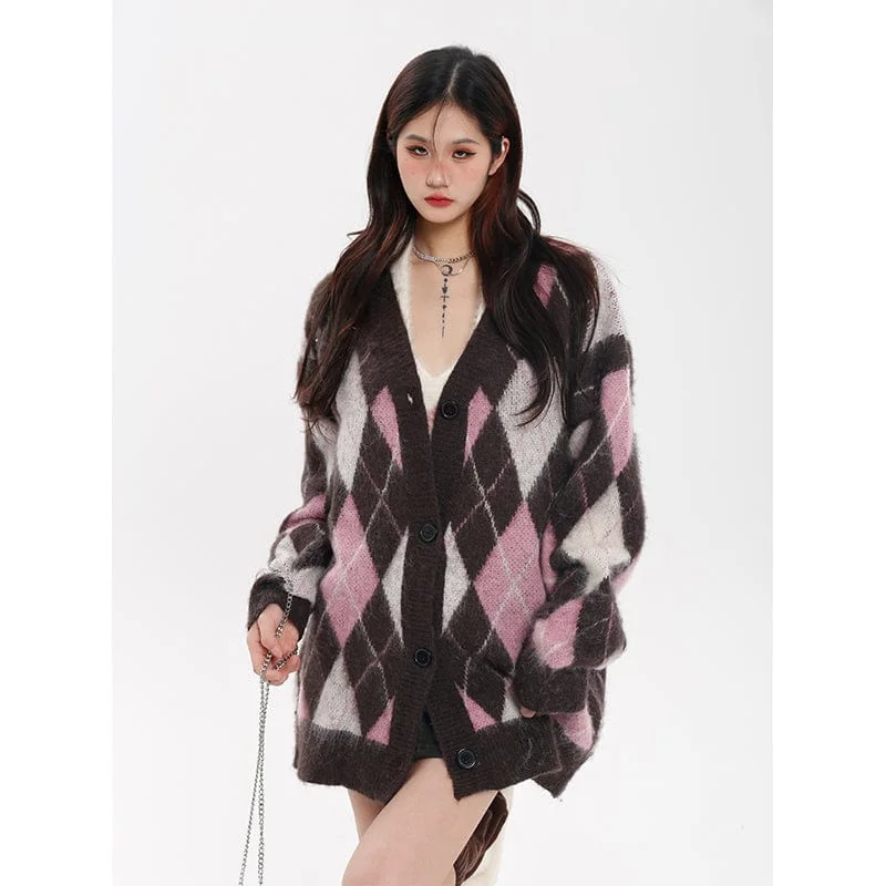 Big Discounts RTK (W) No. 3075 KNITTED V-NECK DIAMOND PLAID CARDIGAN