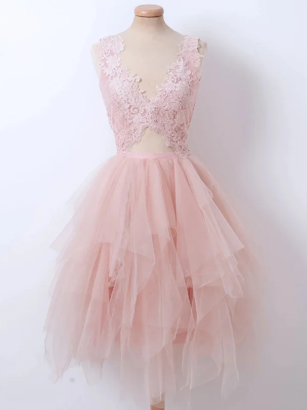 evening dressevening dressFluffy V Neck Short Pink Lace Prom Dresses, Pink Lace Formal Graduation Homecoming Dresses