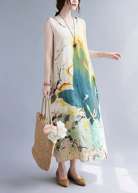 Unbeatable Prices Vintage Beige Print O-Neck Linen Vacation Dresses Summer