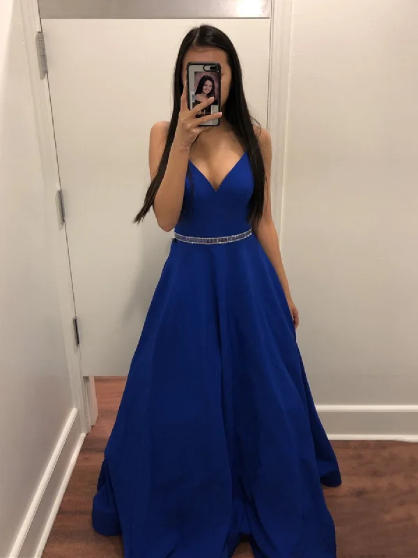 Huge Discounts A Line V Neck Royal Blue Long Prom Dresses with Belt, Royal Blue Formal Dresses, Evening Dresses