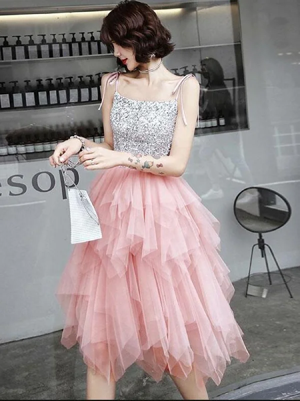 denim dressdenim dressPretty Sequins Pink Tulle Short Prom Dresses, Layered Pink Tulle Homecoming Dresses, Pink Formal Evening Dresses SP2234