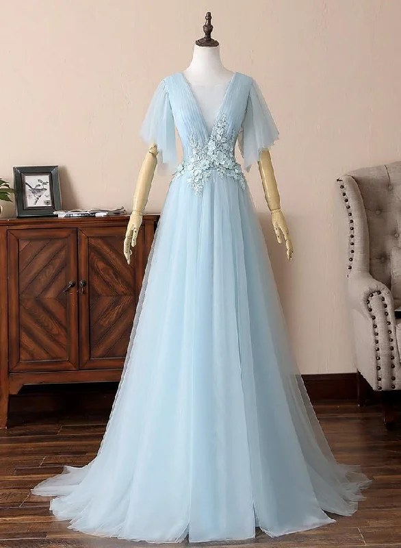 Closeout Deep V Neck Open Back Short Sleeves Floral Lace Light Blue Long Prom Dresses, Short Sleeves Light Blue Formal Evening Dresses Closeout Deep V Neck Open Back Short Sleeves Floral Lace Light Blue Long Prom Dresses, Short Sleeves Light Blue Formal Evening Dresses