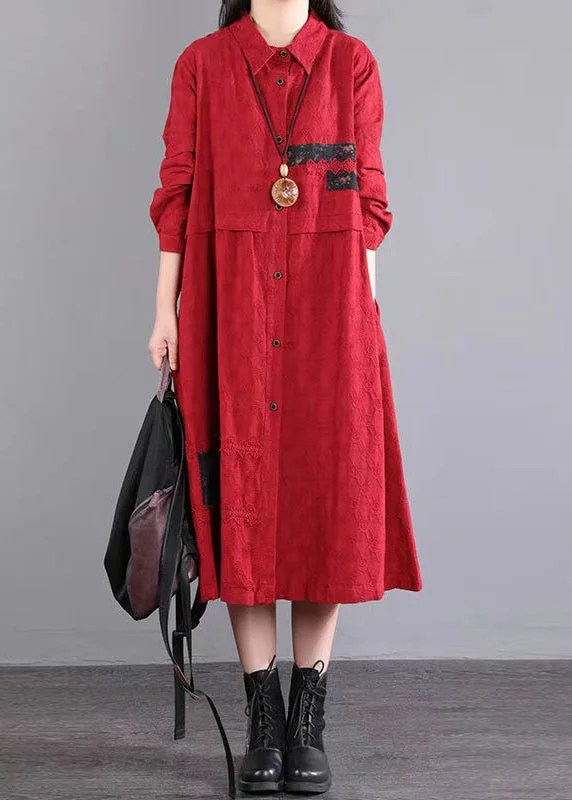 Exclusive Access Red Pockets Patchwork Cotton Shirts Dresses Peter Pan Collar Fall
