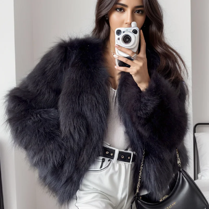 Grand Opening Sale Luxury Dark Gray Long Sleeve Side Pocket Cropped Plush Fur Coat Grand Opening Sale Luxury Dark Gray Long Sleeve Side Pocket Cropped Plush Fur Coat