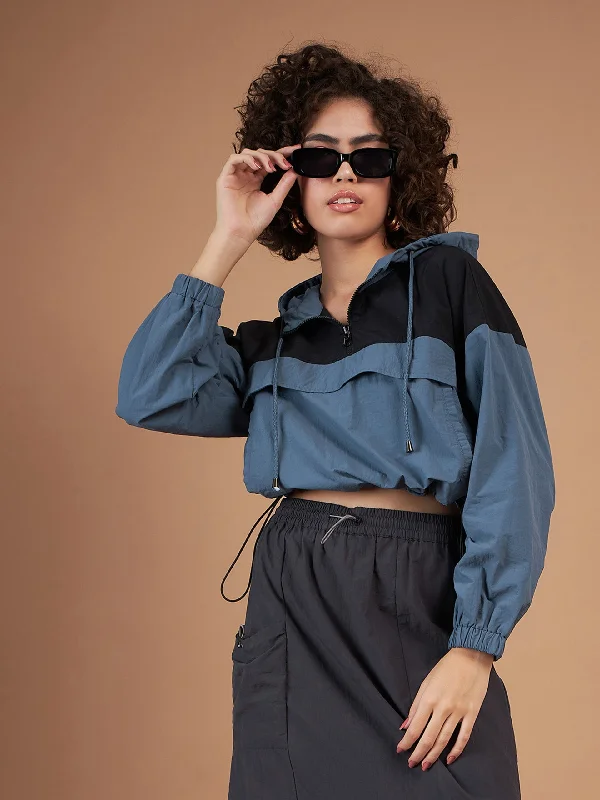 Closeout Women Black ColourBlock Parachute Hoodie