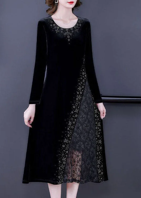 structured dressstructured dressStyle Black O-Neck Lace Patchwork Hollow Out Silk Velour Dress Spring