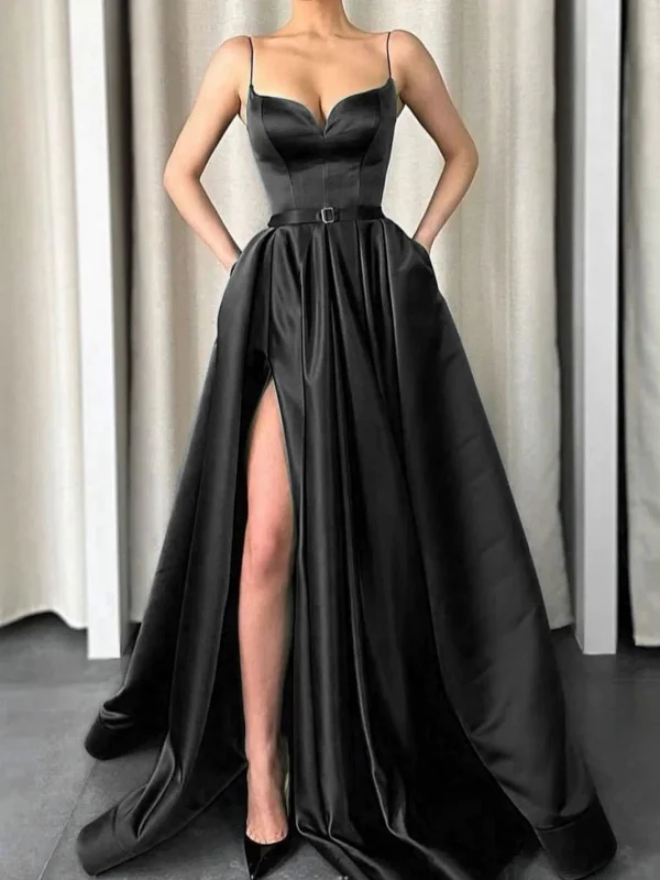 formal dressformal dressSimple A Line V Neck Green/Black Satin Long Prom Dresses with High Slit, Green/Black Formal Graduation Evening Dresses SP2566