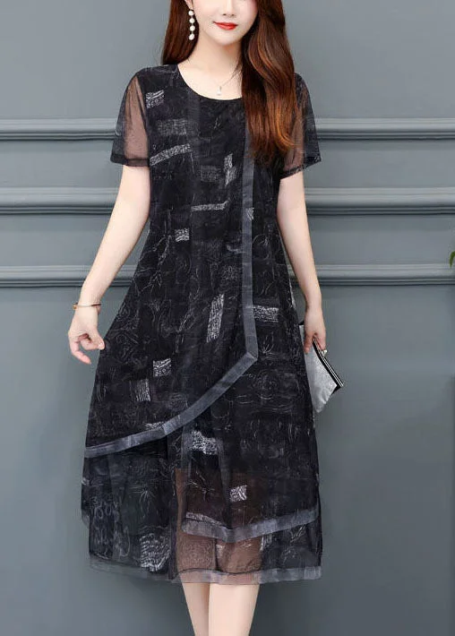 Midnight Sale Women Black O-Neck Print Chiffon Holiday Dress Summer