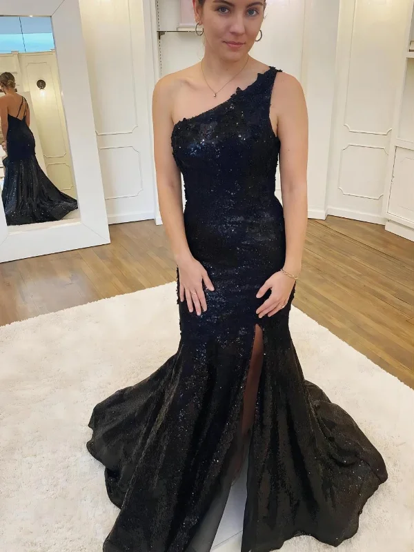 minimalistic dressminimalistic dressOpen Back One Shoulder Mermaid Black Sequins Long Prom Dresses with High Slit, Mermaid Black Formal Dresses, Black Evening Dresses SP2845