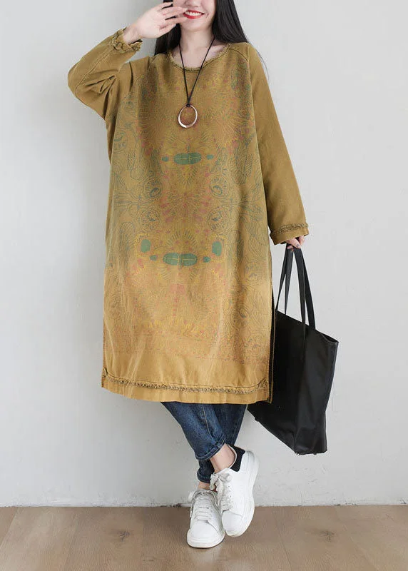 textured dresstextured dressBoho Yellow O Neck Print Side Open Cotton Mid Dress Spring