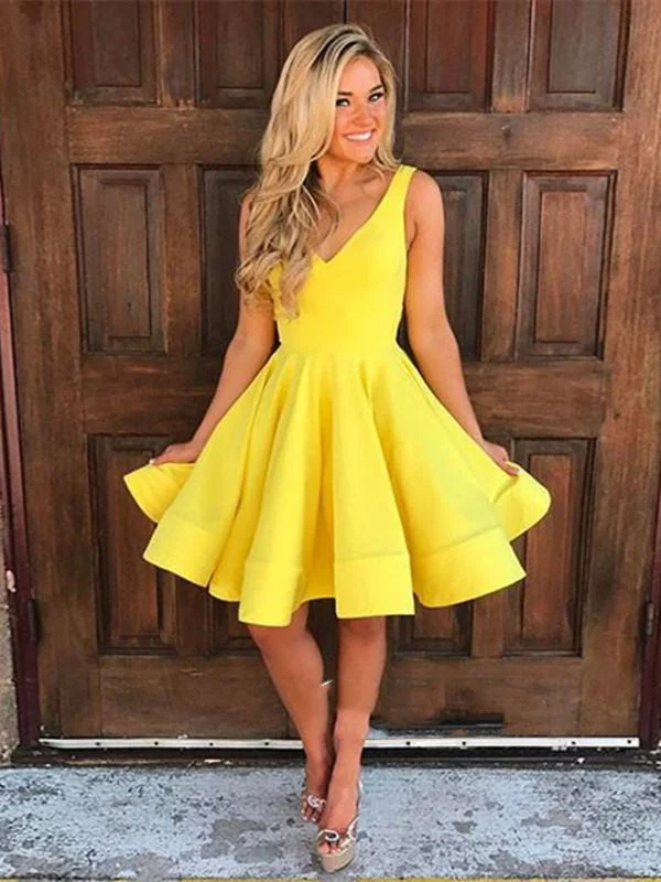 vintage dressvintage dressSimple A Line V Neck Short Yellow Prom Dresses, Short Yellow Homecoming Dresses, Formal Dresses