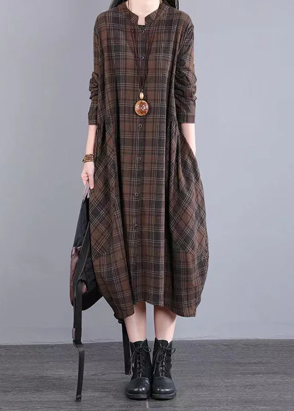 Flash Deals Casual Coffee Plaid Patchwork Cotton Shirts Dress Fall