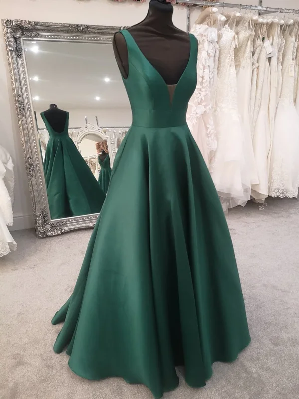 Best Bargains Green Satin V Neck Open Back Long Prom Dresses, V Neck Green Formal Evening Dresses SP2166