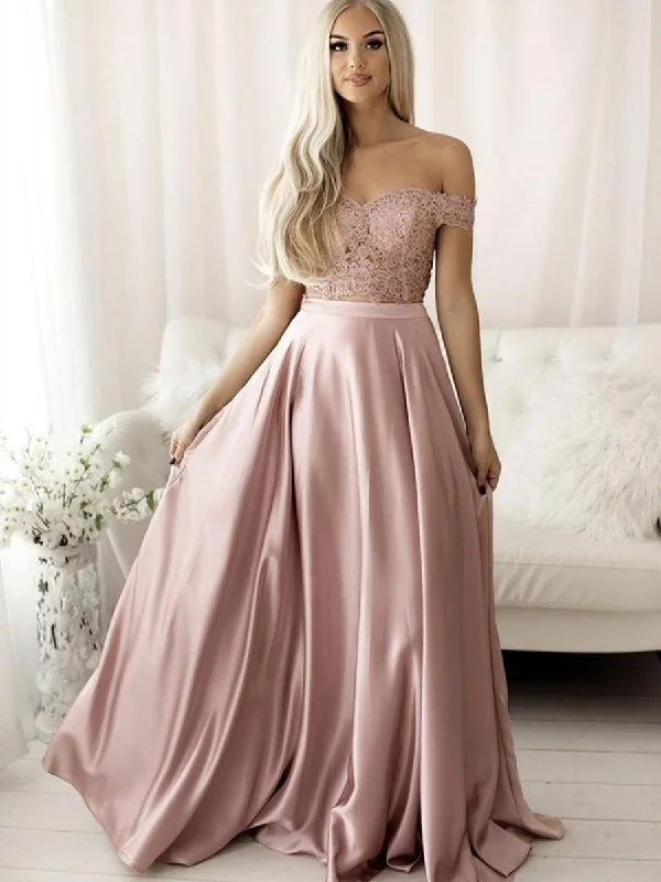 Great Bargains 2 Pieces Off Shoulder Pink Lace Long Prom Dresses, Two Pieces Pink Lace Formal Dresses, Pink Lace Evening Dresses Great Bargains 2 Pieces Off Shoulder Pink Lace Long Prom Dresses, Two Pieces Pink Lace Formal Dresses, Pink Lace Evening Dresses