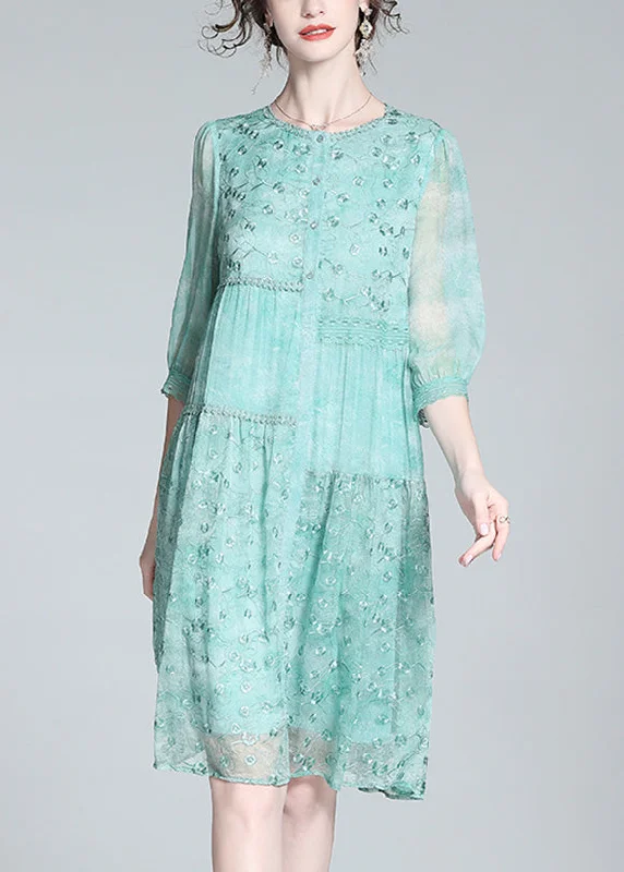 summer dresssummer dressBeautiful Light Green O-Neck Embroideried Button Long Dresses Summer