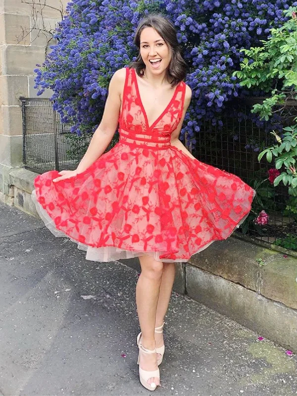 Deep Discounts Unique V Neck and V Back Red Lace Flowers Short Prom Dresses Homecoming Dresses, Red Lace Formal Dresses, Red Evening Dresses, Lace Graduation Dresses