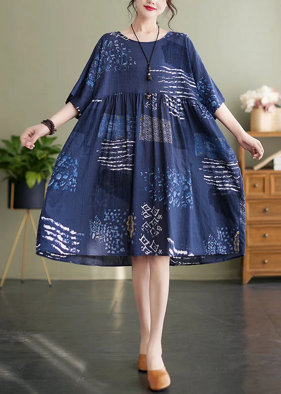 Shop and Save Handmade Blue O-Neck Print Wrinkled Vacation Maxi Dresses Summer