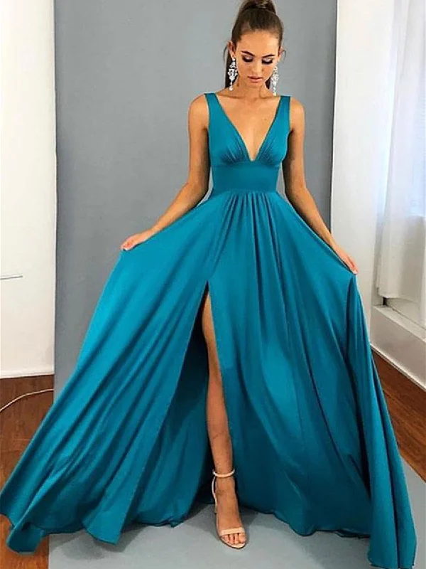 ashionable dressashionable dressA Line V Neck Blue Long Prom Dresses with Leg Slit, V Neck Blue Graduation Dresses, Blue Bridesmaid Dresses