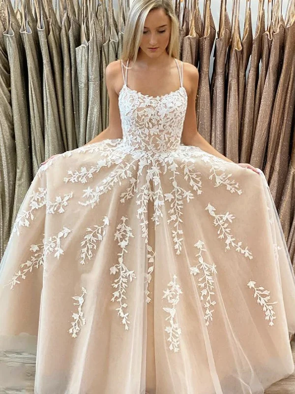 Amazing Deals A Line Spaghetti Straps Long Champagne Lace Prom Dresses, Champagne Lace Formal Graduation Evening Dresses