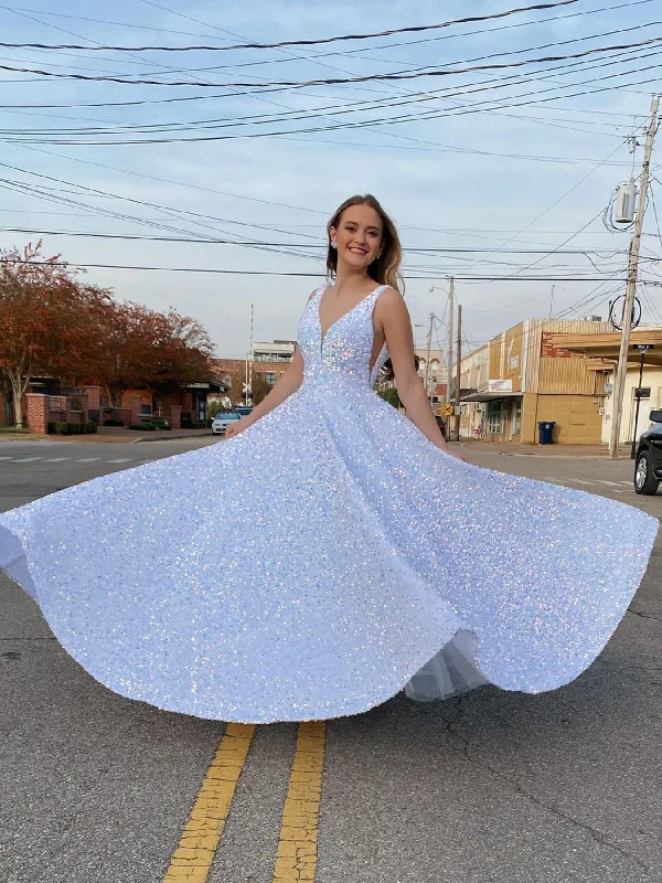 Price Break Shiny Sequins V Neck White Long Prom Dresses, V Neck Ivory Formal Evening Dresses SP2170