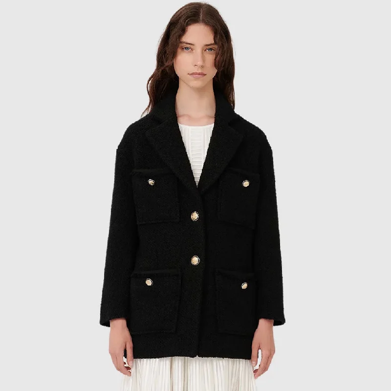 New Deals Chic Long Sleeve Pocket Front Lapel Collar Tweed Coat - Black
