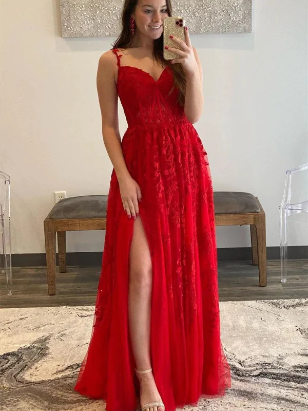 Quick Sale A Line V Neck Red Lace Tulle Long Prom Dresses with High Slit, Floor Length Red Lace Formal Graduation Evening Dresses SP2335