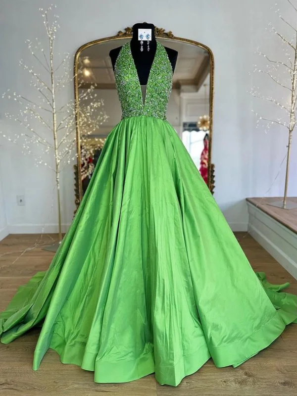 ashionable dressashionable dressHalter V Neck Backless Beaded Green Long Prom Dresses, Long Green Formal Graduation Evening Dresses with Sequins SP3013