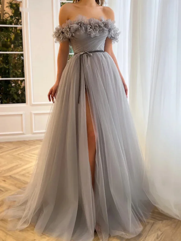 party dressparty dressOff Shoulder Gray Tulle Floral Long Prom Dresses with High Slit, Grey Tulle Formal Dresses, Off the Shoulder Gray Evening Dresses SP2579