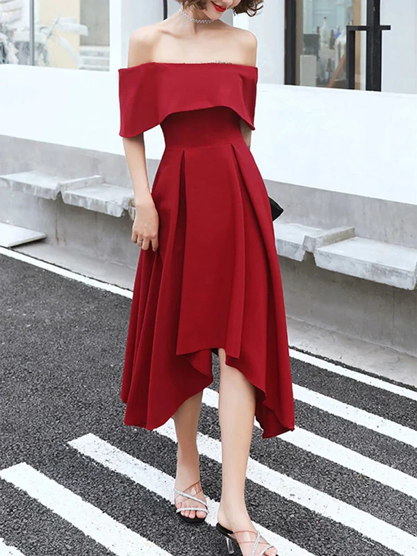 elegant dresselegant dressOff Shoulder High Low Burgundy Tea Length Prom Dresses, Off Shoulder Burgundy Formal Graduation Evening Dresses, Burgundy Homecoming Dresses SP2395