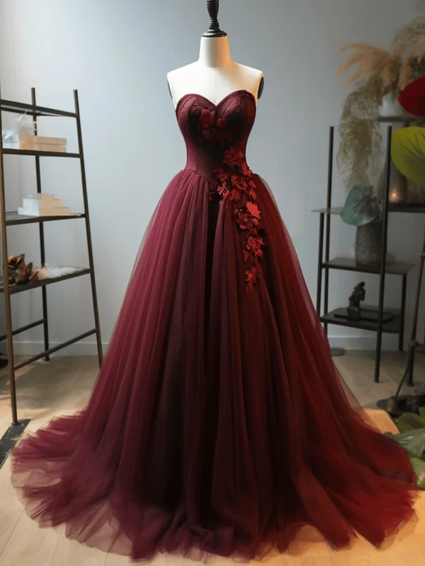 flowy maxi dressflowy maxi dressStrapless Burgundy Tulle Long Prom Dresses with Appliques, Long Wine Red Formal Graduation Evening Dresses SP2944