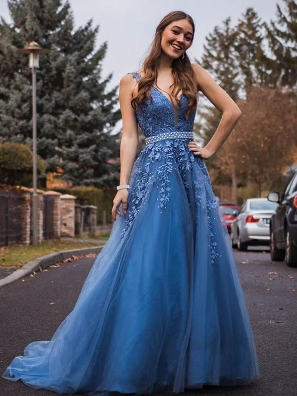 New Markdowns Blue V Neck Tulle Beaded Lace Appliques Long Prom Dresses with Belt, Blue Lace Formal Dresses, Blue Evening Dresses