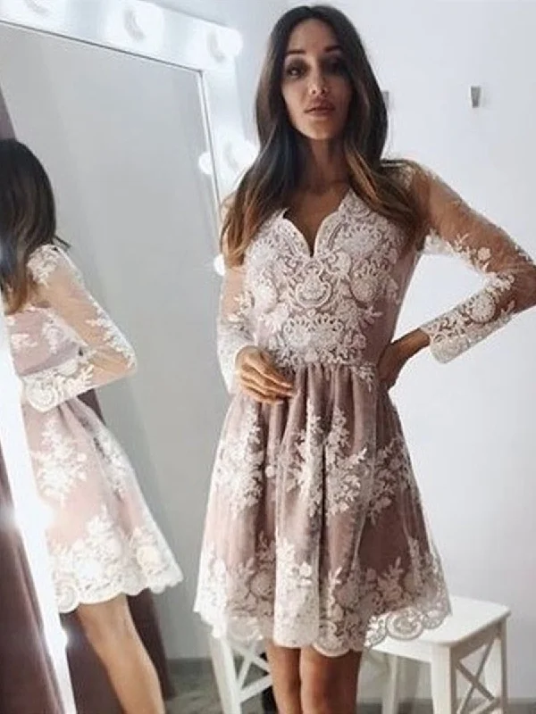 casual day dresscasual day dressV Neck Long Sleeves Champagne Lace Short Prom Dresses Homecoming Dresses, Chamagne Lace Formal Graduation Evening Dresses