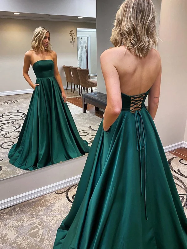 Exclusive Preview Open Back Strapless Green Satin Long Prom Dresses with Pocket, Strapless Green Formal Graduation Evening Dresses SP2406