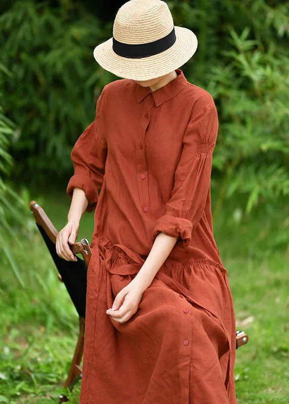 tiered dresstiered dressNatural Orange Peter Pan Collar Patchwork Linen Maxi Dresses Spring