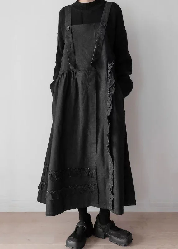Price Drop Novelty Black Ruffled Patchwork Button Pockets Long Dresses Fall