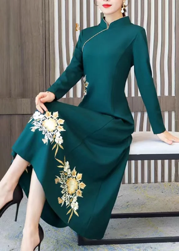 Season Finale Sale Classy Green Embroideried Patchwork Cotton Maxi Dresses Fall