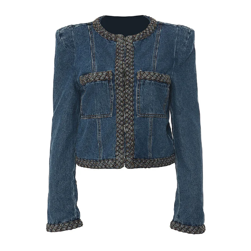 Blowout Deals Vintage Padded Long Sleeve Braided Trim Hook & Eye Cropped Denim Jacket