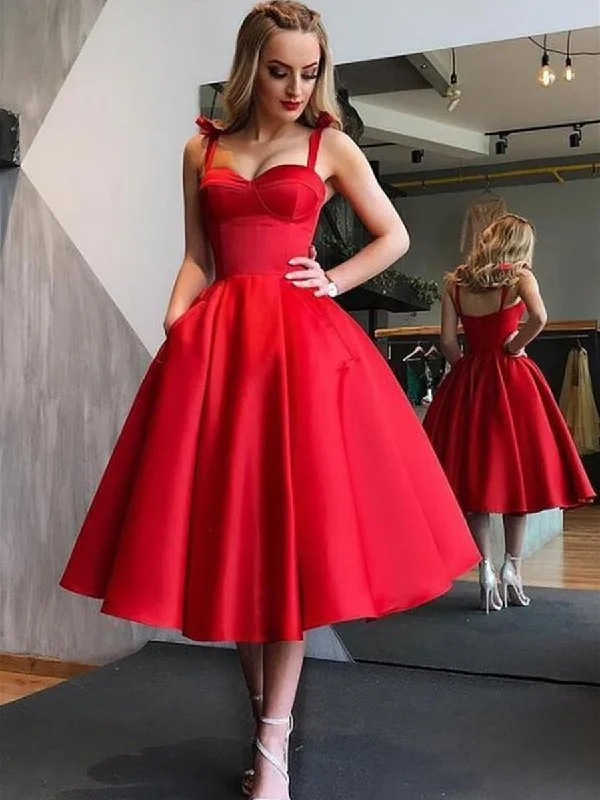 Massive Deals Cute Red Spaghetti Straps Backless Stain Pleated Homecoming Dresses with Pocket, Red Tea Length Prom Dresses, Formal Dresses