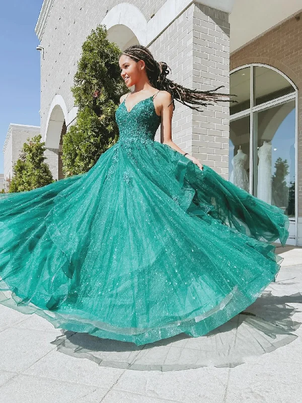 stylish party dressstylish party dressShiny A Line V Neck Open Back Green Lace Long Prom Dresses, Green Lace Formal Graduation Evening Dresses SP3090