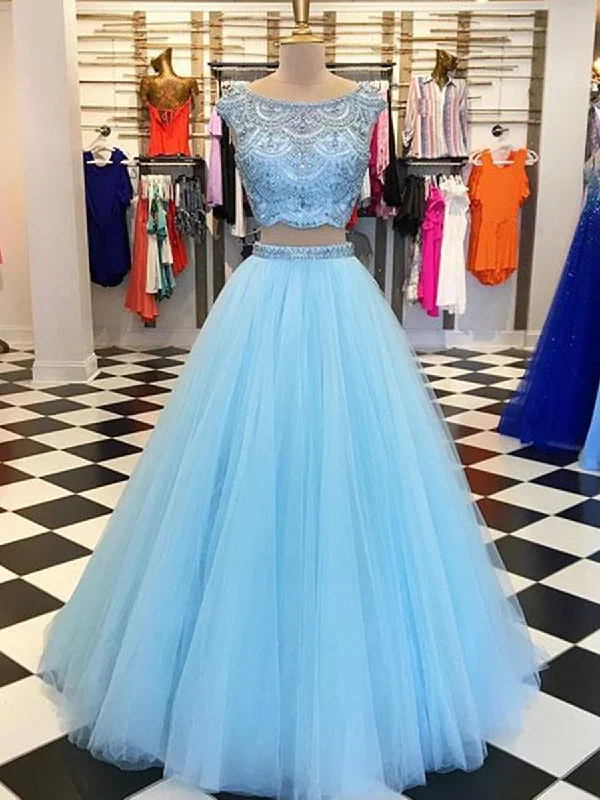 Discount Deals Blue A Line Round Neck Two Pieces Beading Tulle Long Prom Dresses, Two Pieces Blue Formal Dresses, Blue Evening Dresses