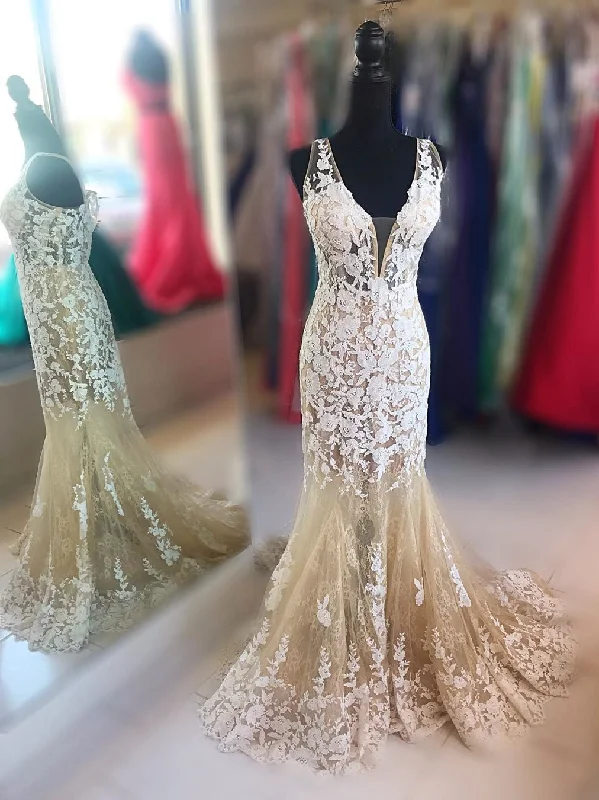 Crazy Deals Mermaid V Neck Champagne Lace Long Prom Dresses, Mermaid Champagne Formal Dresses, Champagne Lace Evening Dresses