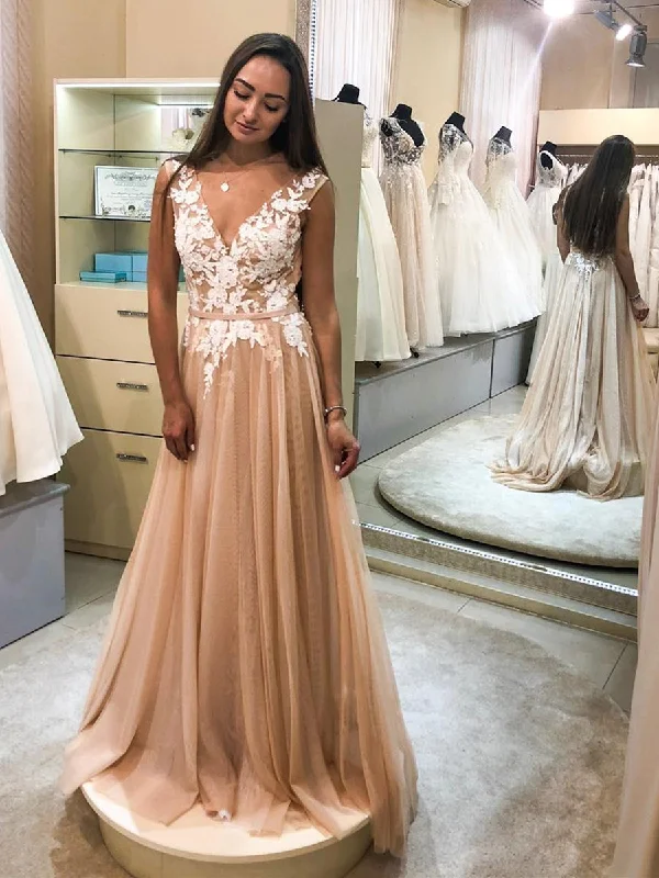 Price Drop Alert Elegant V Neck Champagne Lace Floral Prom Dresses, Long Champagne Lace Formal Graduation Evening Dresses
