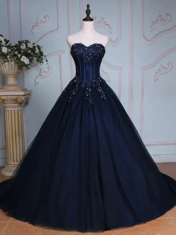 puff sleeve dresspuff sleeve dressStrapless Navy Blue Lace Sequins Long Prom Dresses with Train, Navy Blue Lace Formal Evening Dresses, Navy Blue Ball Gown SP2893