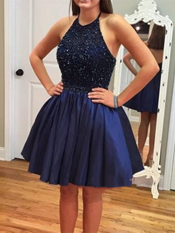 Closeout A Line Round Neck Short Navy Blue Lace Prom Dress, Short Navy Blue Graduation Dresses, Homecoming Dresses