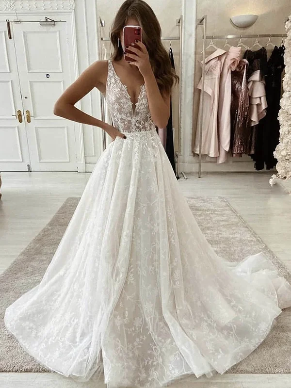Deal Frenzy V Neck White Lace Long Wedding Dresses, Long White Lace Prom Dresses, White Formal Evening Dresses Deal Frenzy V Neck White Lace Long Wedding Dresses, Long White Lace Prom Dresses, White Formal Evening Dresses