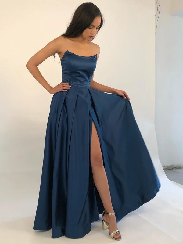 Clearance Sale Strapless Burgundy/Blue Satin Long Prom Dresses with Side Slit, Strapless Burgundy/Blue Formal Graduation Evening Dresses