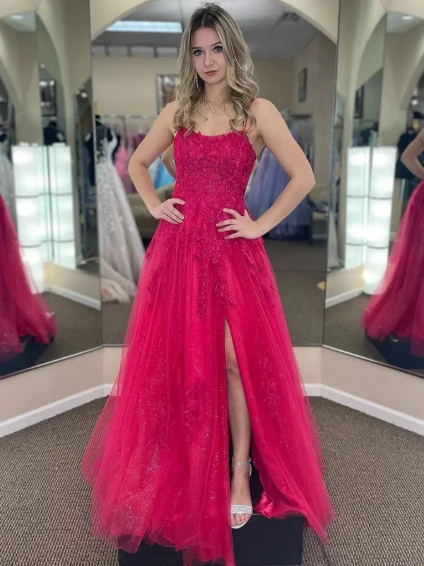 off-the-shoulder dressoff-the-shoulder dressA Line Open Back Hot Pink Lace Long Prom Dresses with High Slit, Hot Pink Lace Formal Graduation Evening Dresses SP2904