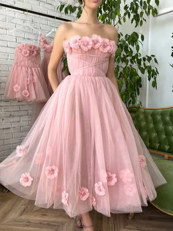 romantic dressromantic dressStrapless Pink Floral Tea Length Prom Dresses, Pink Homecoming Dresses with 3D Flowers, Pink Formal Graduation Evening Dresses SP2749